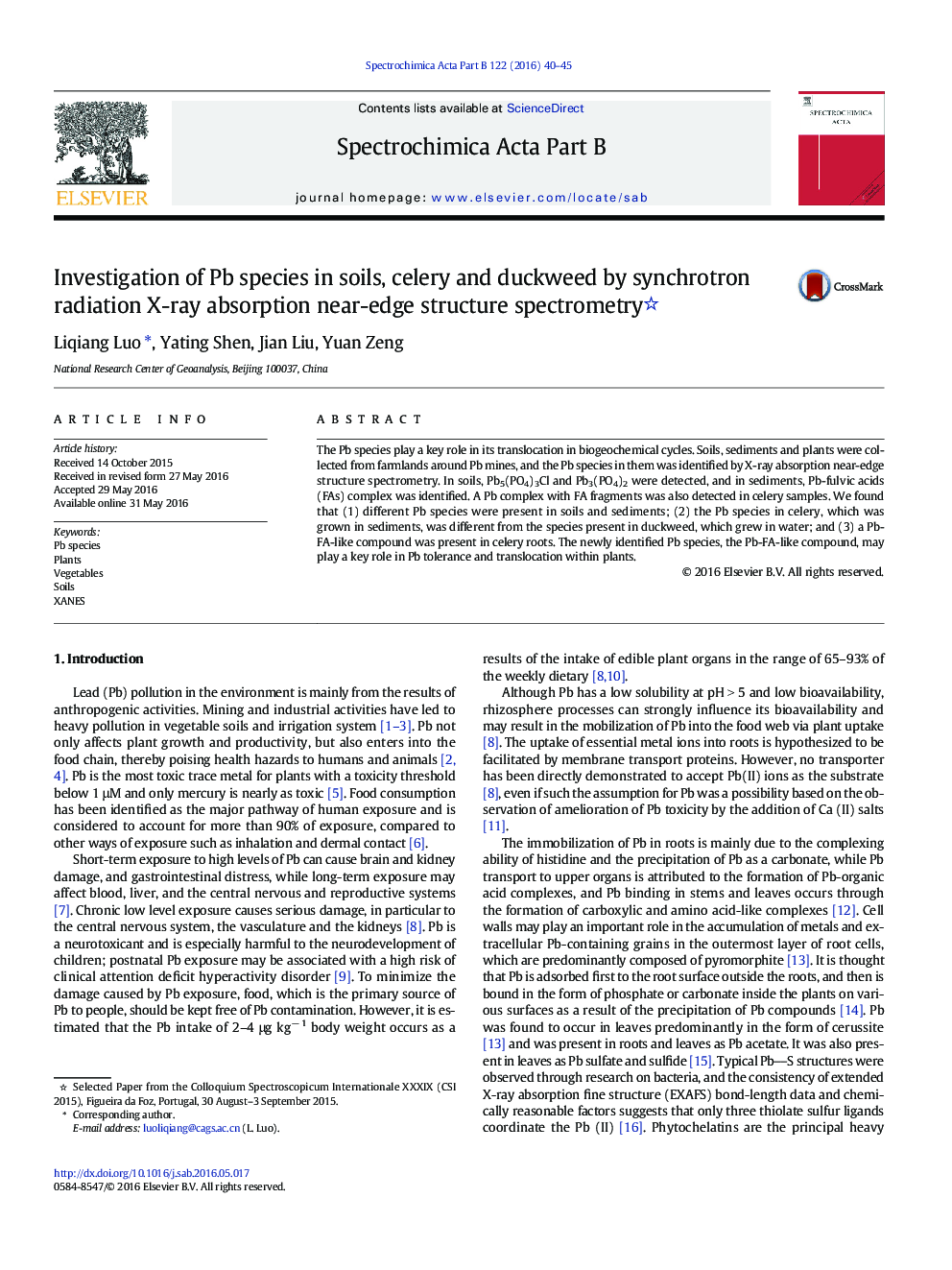 Investigation of Pb species in soils, celery and duckweed by synchrotron radiation X-ray absorption near-edge structure spectrometry 