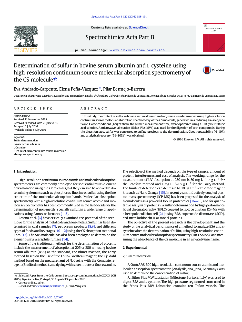 Determination of sulfur in bovine serum albumin and l-cysteine using high-resolution continuum source molecular absorption spectrometry of the CS molecule 