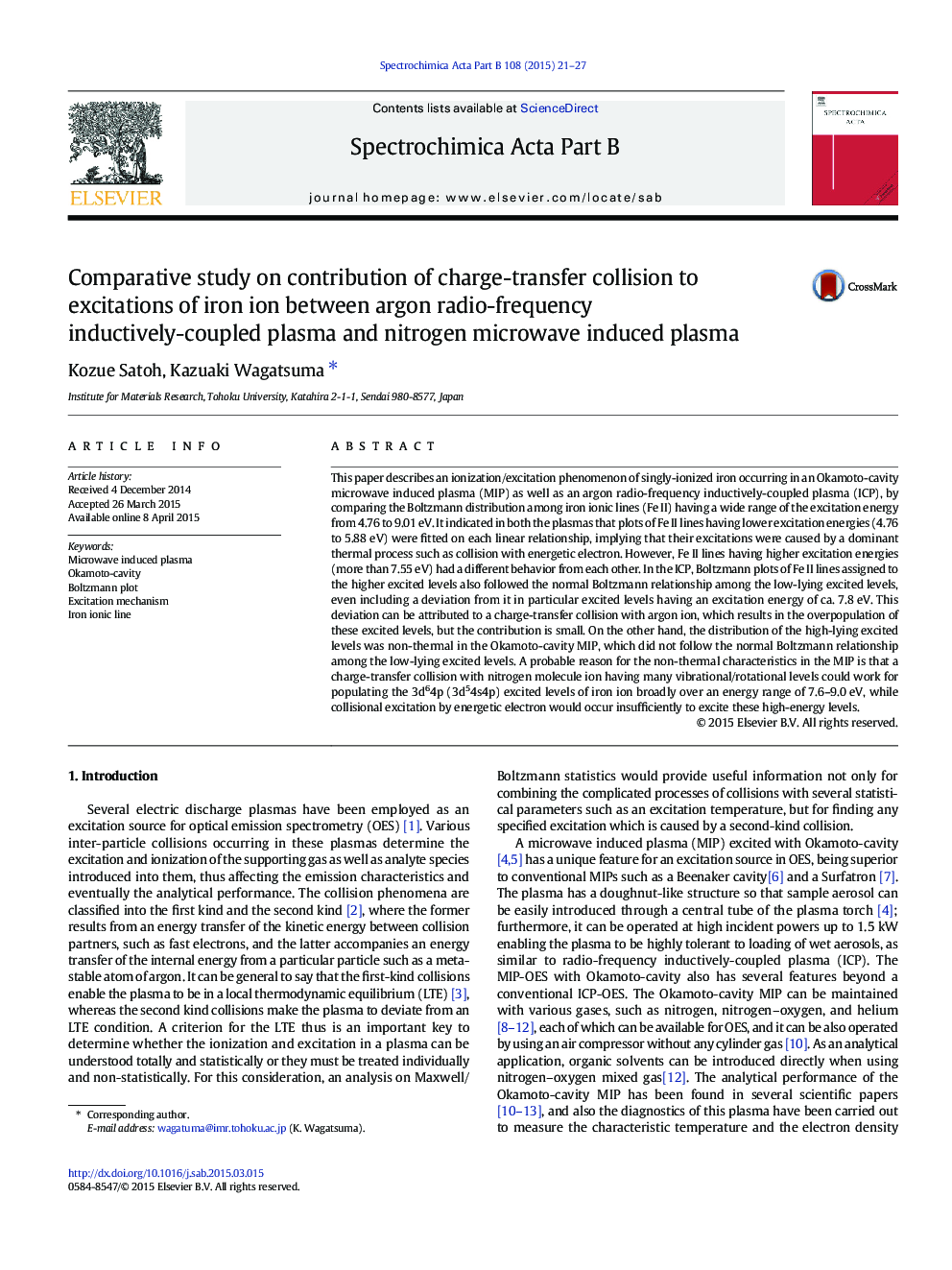 Comparative study on contribution of charge-transfer collision to excitations of iron ion between argon radio-frequency inductively-coupled plasma and nitrogen microwave induced plasma