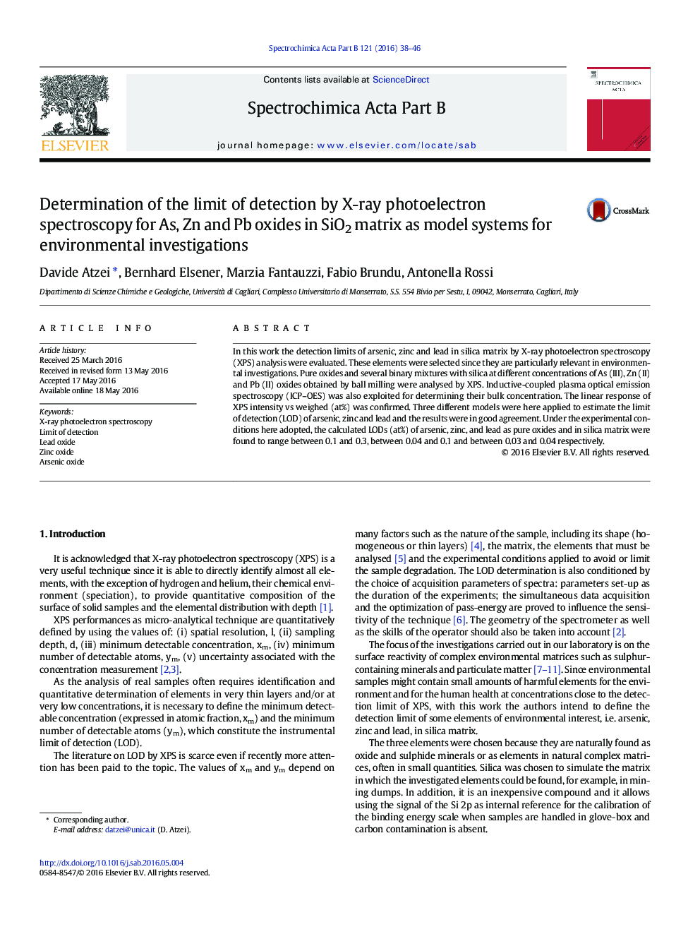 Determination of the limit of detection by X-ray photoelectron spectroscopy for As, Zn and Pb oxides in SiO2 matrix as model systems for environmental investigations