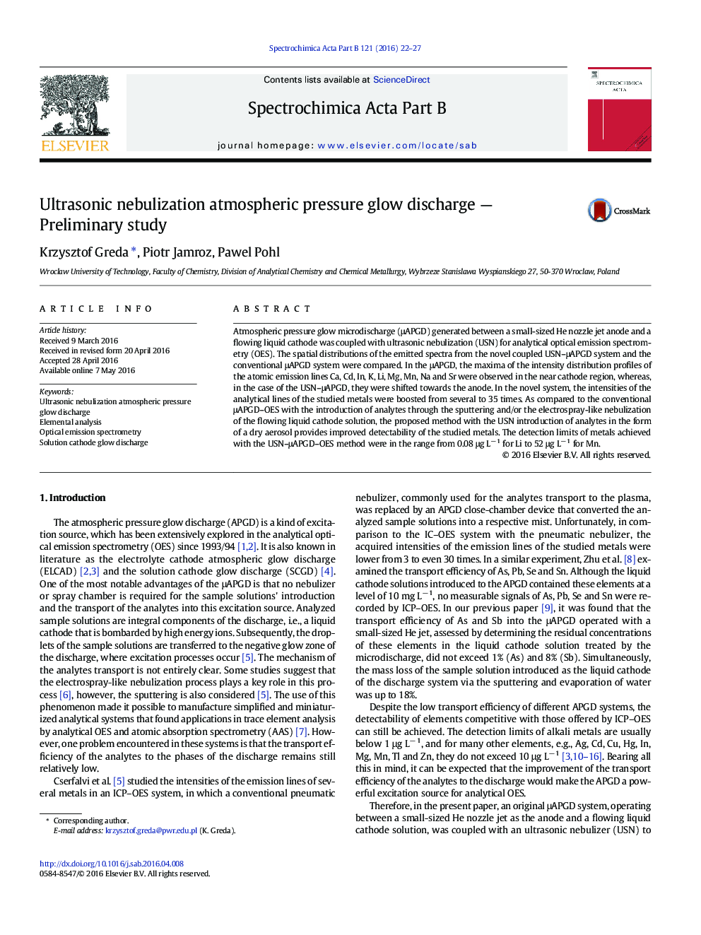 Ultrasonic nebulization atmospheric pressure glow discharge — Preliminary study