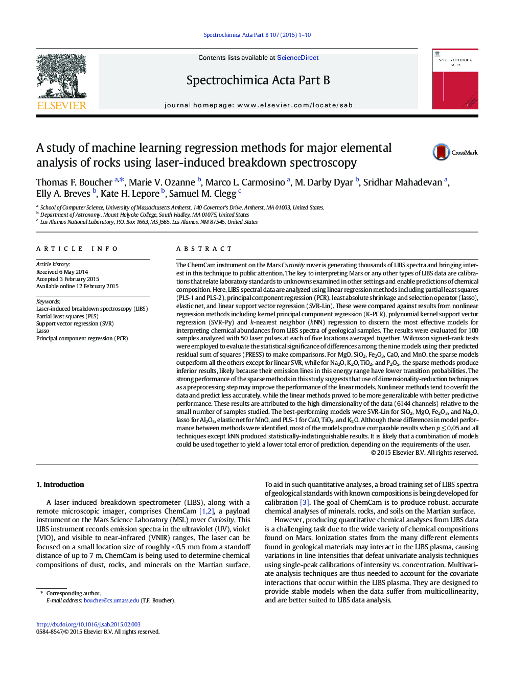 A study of machine learning regression methods for major elemental analysis of rocks using laser-induced breakdown spectroscopy