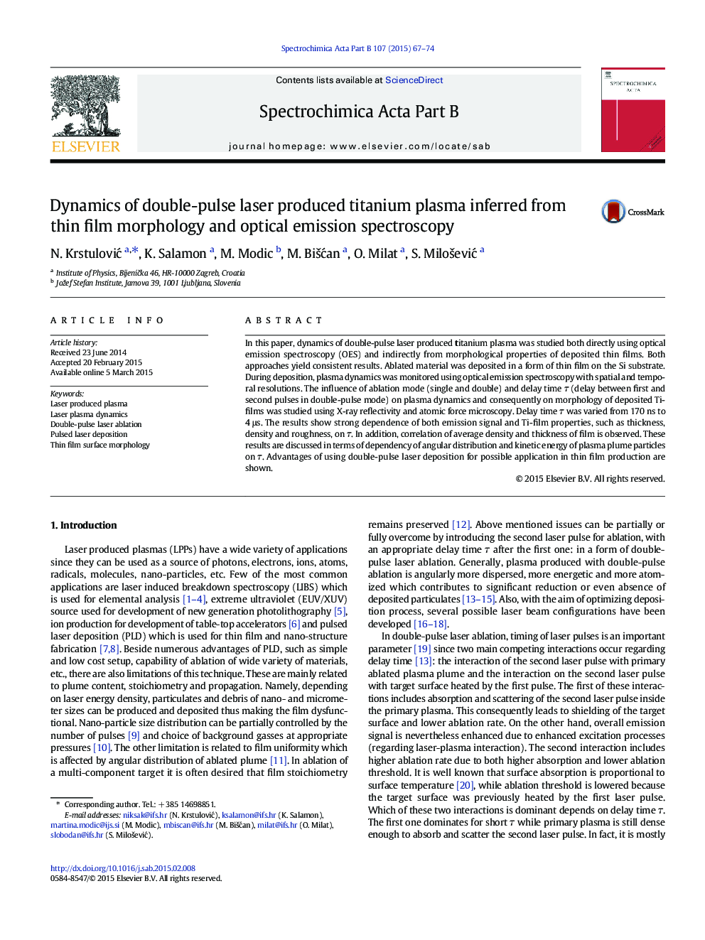 Dynamics of double-pulse laser produced titanium plasma inferred from thin film morphology and optical emission spectroscopy