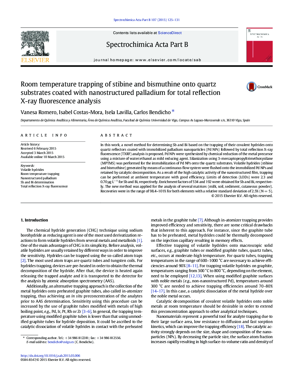 Room temperature trapping of stibine and bismuthine onto quartz substrates coated with nanostructured palladium for total reflection X-ray fluorescence analysis