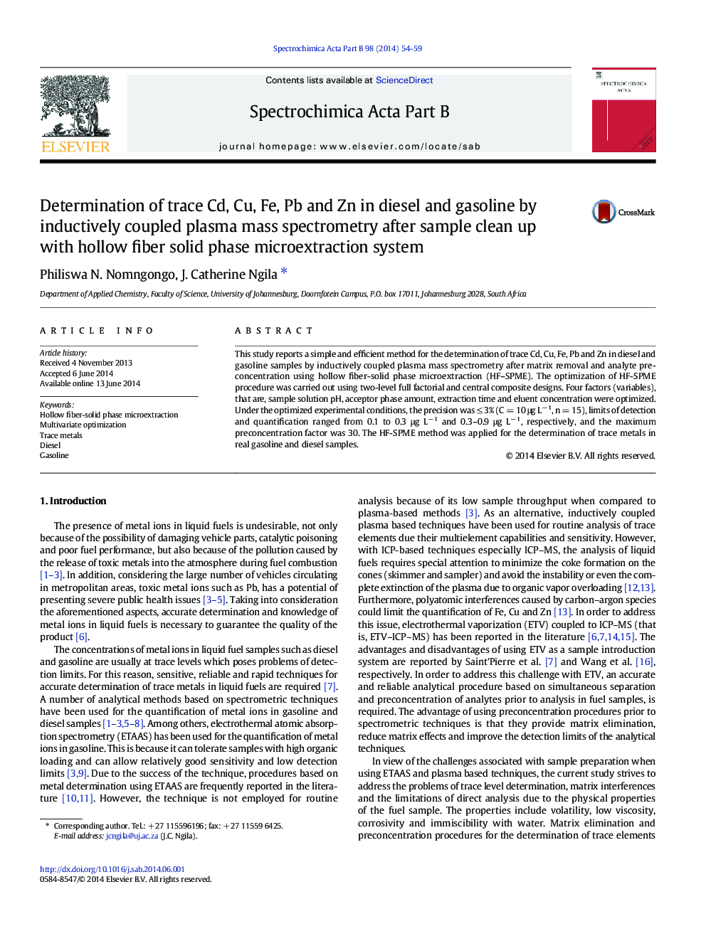 Determination of trace Cd, Cu, Fe, Pb and Zn in diesel and gasoline by inductively coupled plasma mass spectrometry after sample clean up with hollow fiber solid phase microextraction system