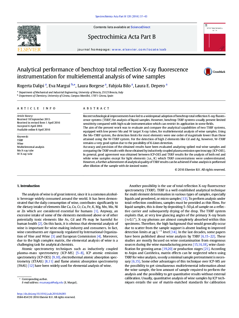 Analytical performance of benchtop total reflection X-ray fluorescence instrumentation for multielemental analysis of wine samples