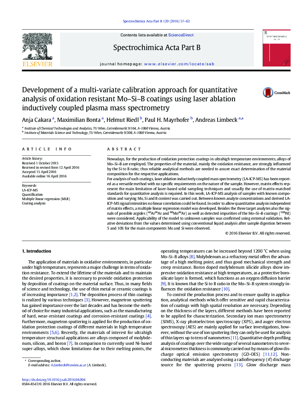 Development of a multi-variate calibration approach for quantitative analysis of oxidation resistant Mo–Si–B coatings using laser ablation inductively coupled plasma mass spectrometry