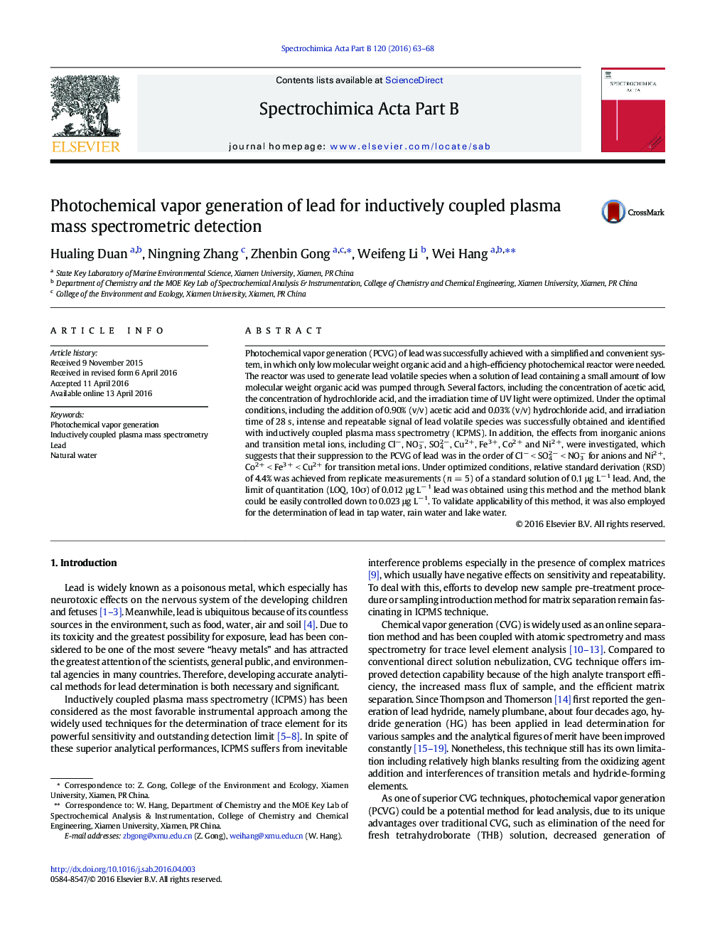 Photochemical vapor generation of lead for inductively coupled plasma mass spectrometric detection