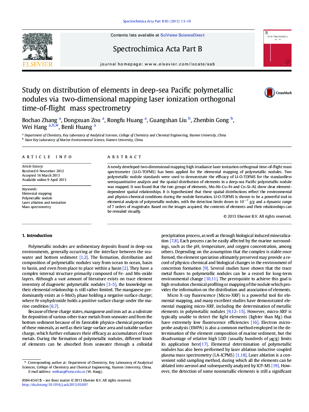 Study on distribution of elements in deep-sea Pacific polymetallic nodules via two-dimensional mapping laser ionization orthogonal time-of-flight mass spectrometry