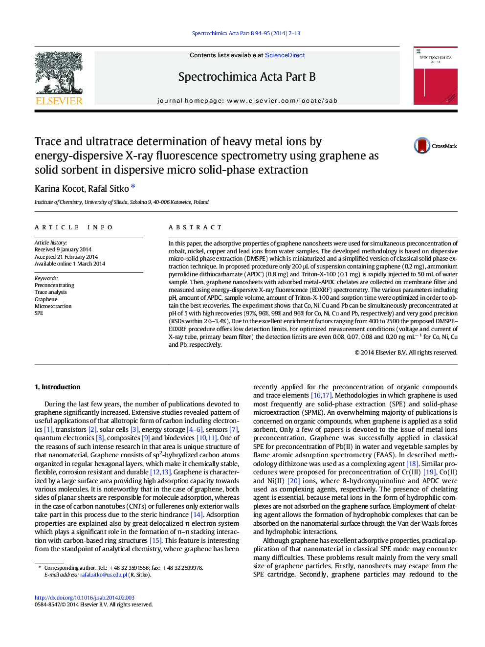 Trace and ultratrace determination of heavy metal ions by energy-dispersive X-ray fluorescence spectrometry using graphene as solid sorbent in dispersive micro solid-phase extraction