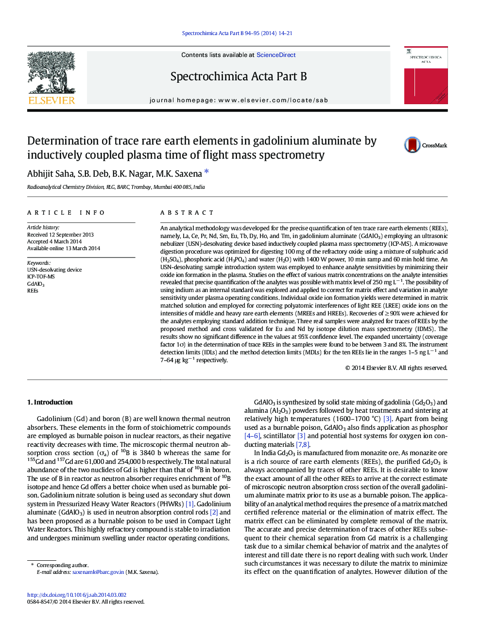 Determination of trace rare earth elements in gadolinium aluminate by inductively coupled plasma time of flight mass spectrometry