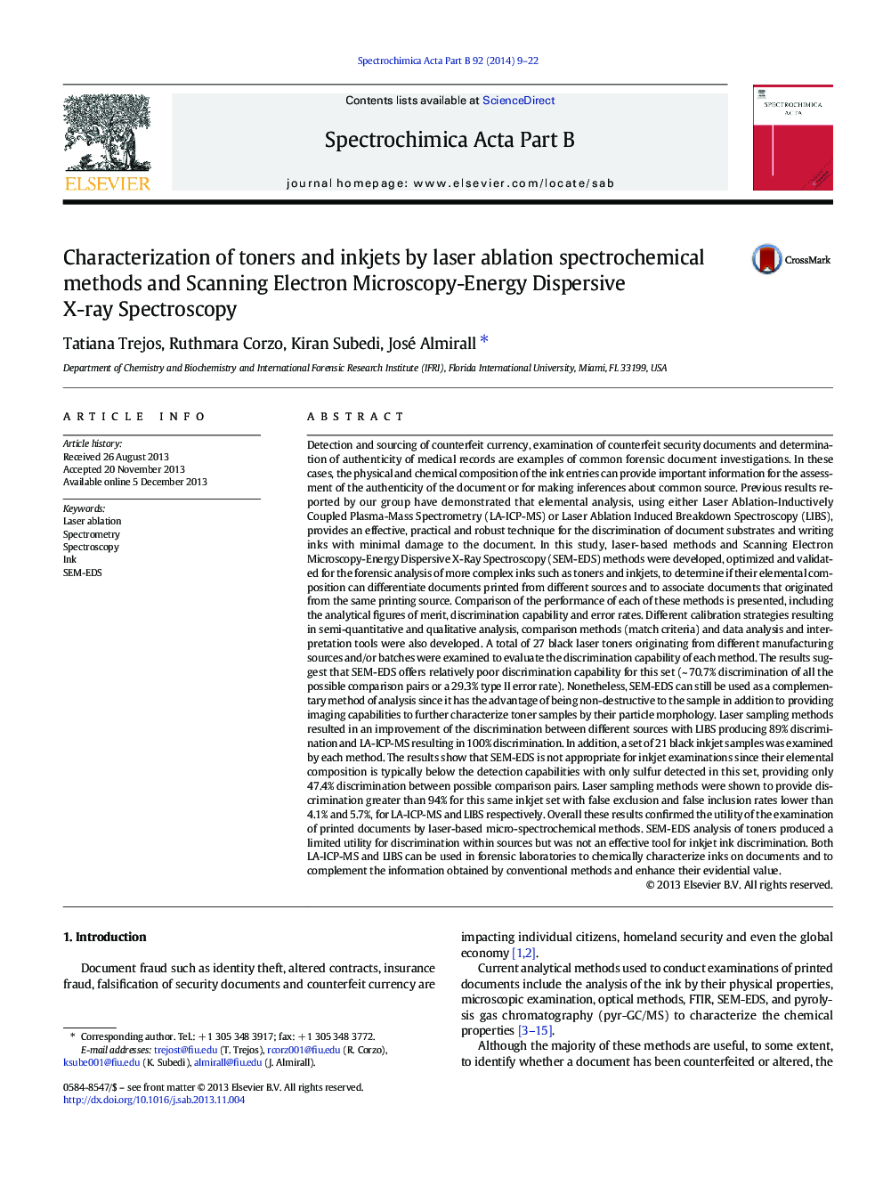 Characterization of toners and inkjets by laser ablation spectrochemical methods and Scanning Electron Microscopy-Energy Dispersive X-ray Spectroscopy