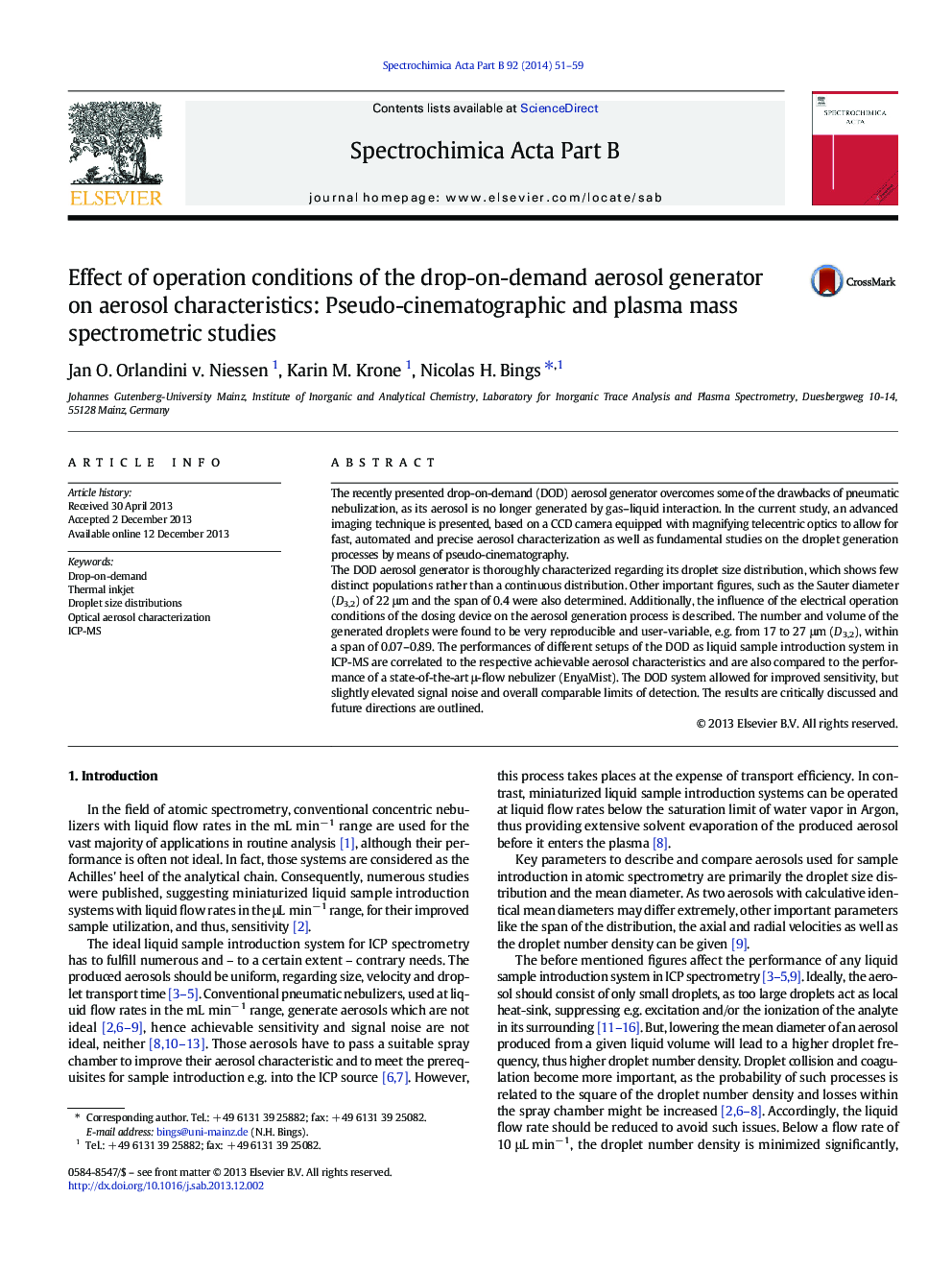 Effect of operation conditions of the drop-on-demand aerosol generator on aerosol characteristics: Pseudo-cinematographic and plasma mass spectrometric studies