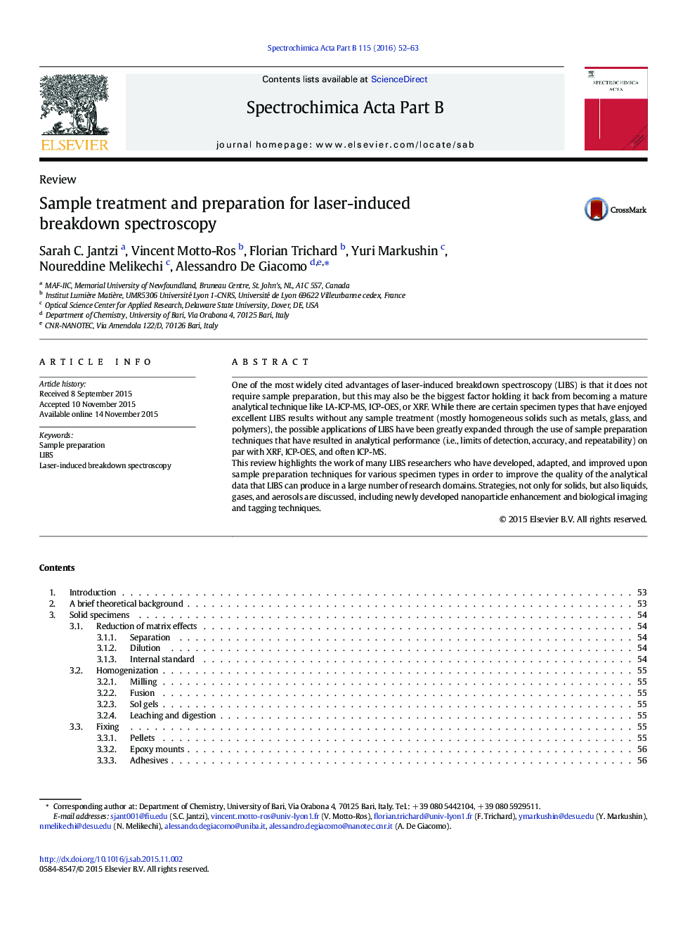 Sample treatment and preparation for laser-induced breakdown spectroscopy