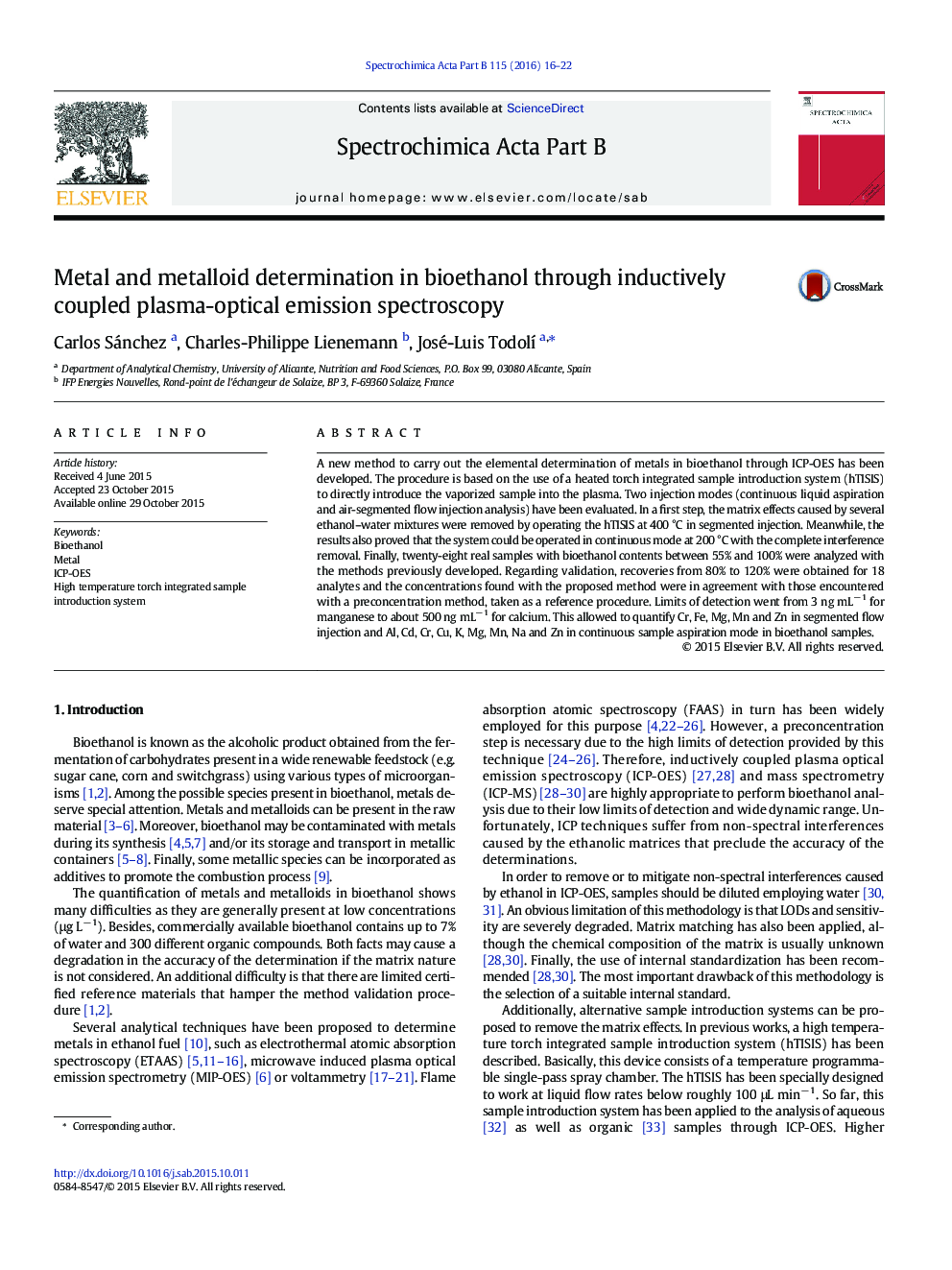 Metal and metalloid determination in bioethanol through inductively coupled plasma-optical emission spectroscopy