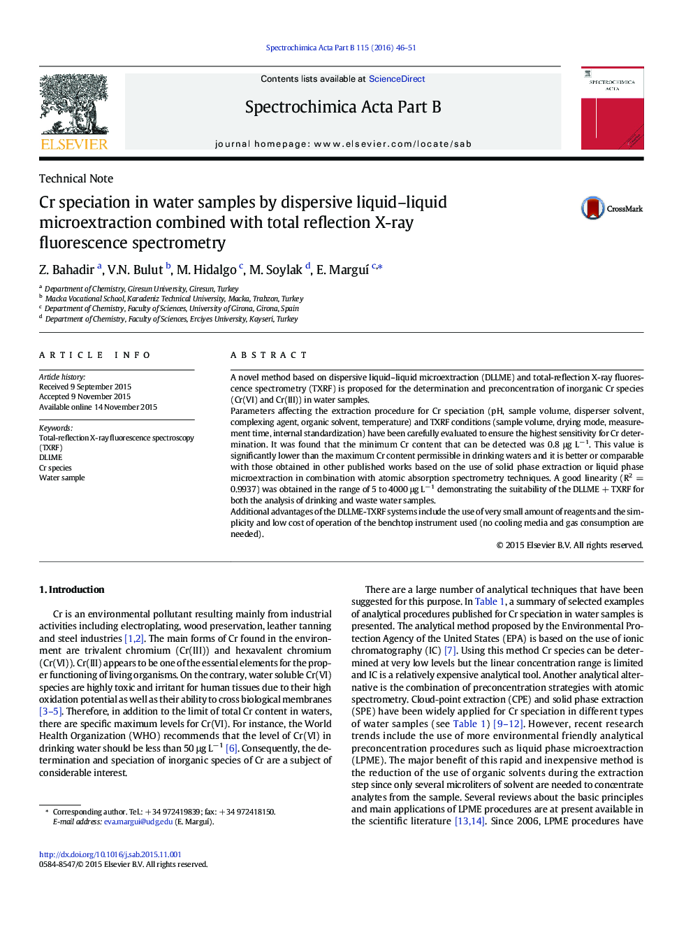 Cr speciation in water samples by dispersive liquid–liquid microextraction combined with total reflection X-ray fluorescence spectrometry