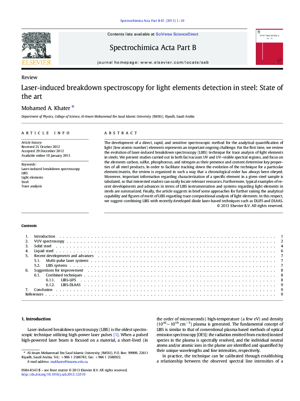 Laser-induced breakdown spectroscopy for light elements detection in steel: State of the art