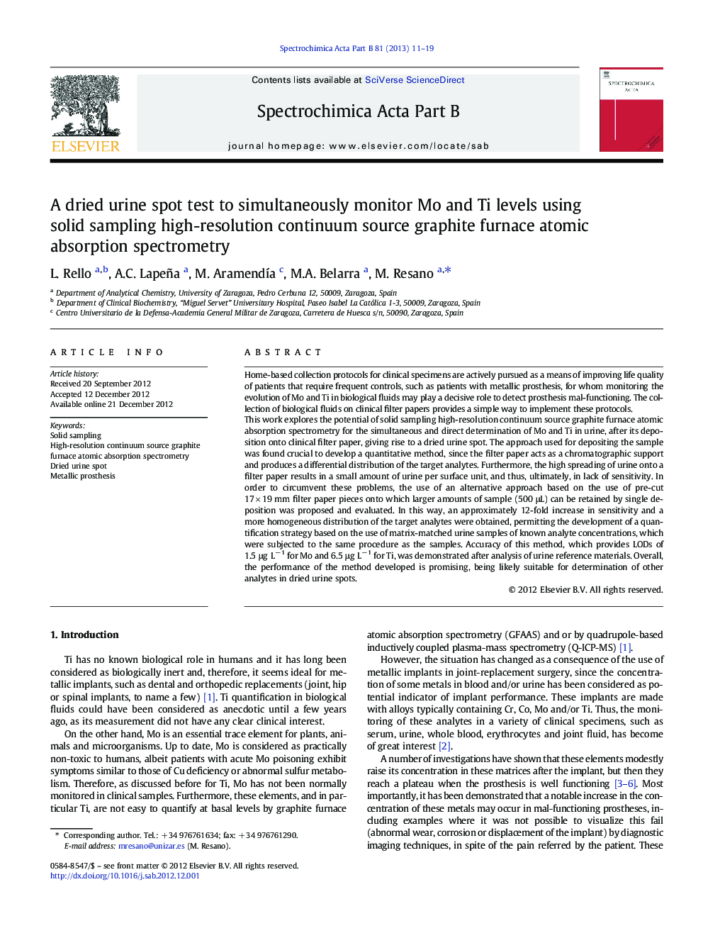 A dried urine spot test to simultaneously monitor Mo and Ti levels using solid sampling high-resolution continuum source graphite furnace atomic absorption spectrometry