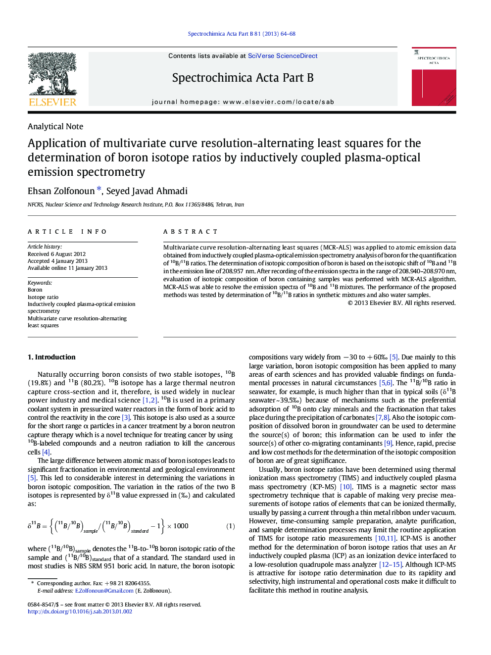 Application of multivariate curve resolution-alternating least squares for the determination of boron isotope ratios by inductively coupled plasma-optical emission spectrometry