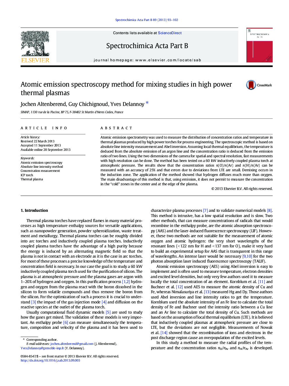 Atomic emission spectroscopy method for mixing studies in high power thermal plasmas