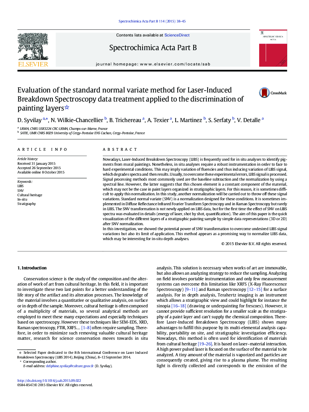 Evaluation of the standard normal variate method for Laser-Induced Breakdown Spectroscopy data treatment applied to the discrimination of painting layers 