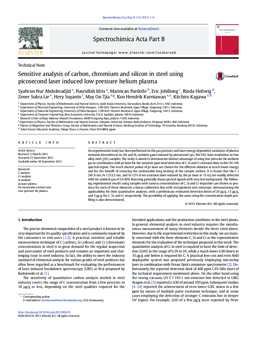 Sensitive analysis of carbon, chromium and silicon in steel using picosecond laser induced low pressure helium plasma