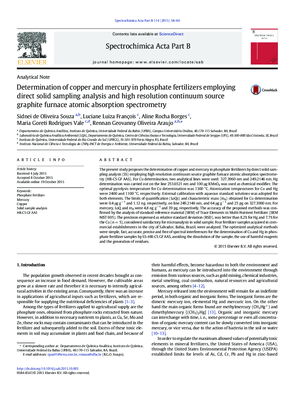 Determination of copper and mercury in phosphate fertilizers employing direct solid sampling analysis and high resolution continuum source graphite furnace atomic absorption spectrometry