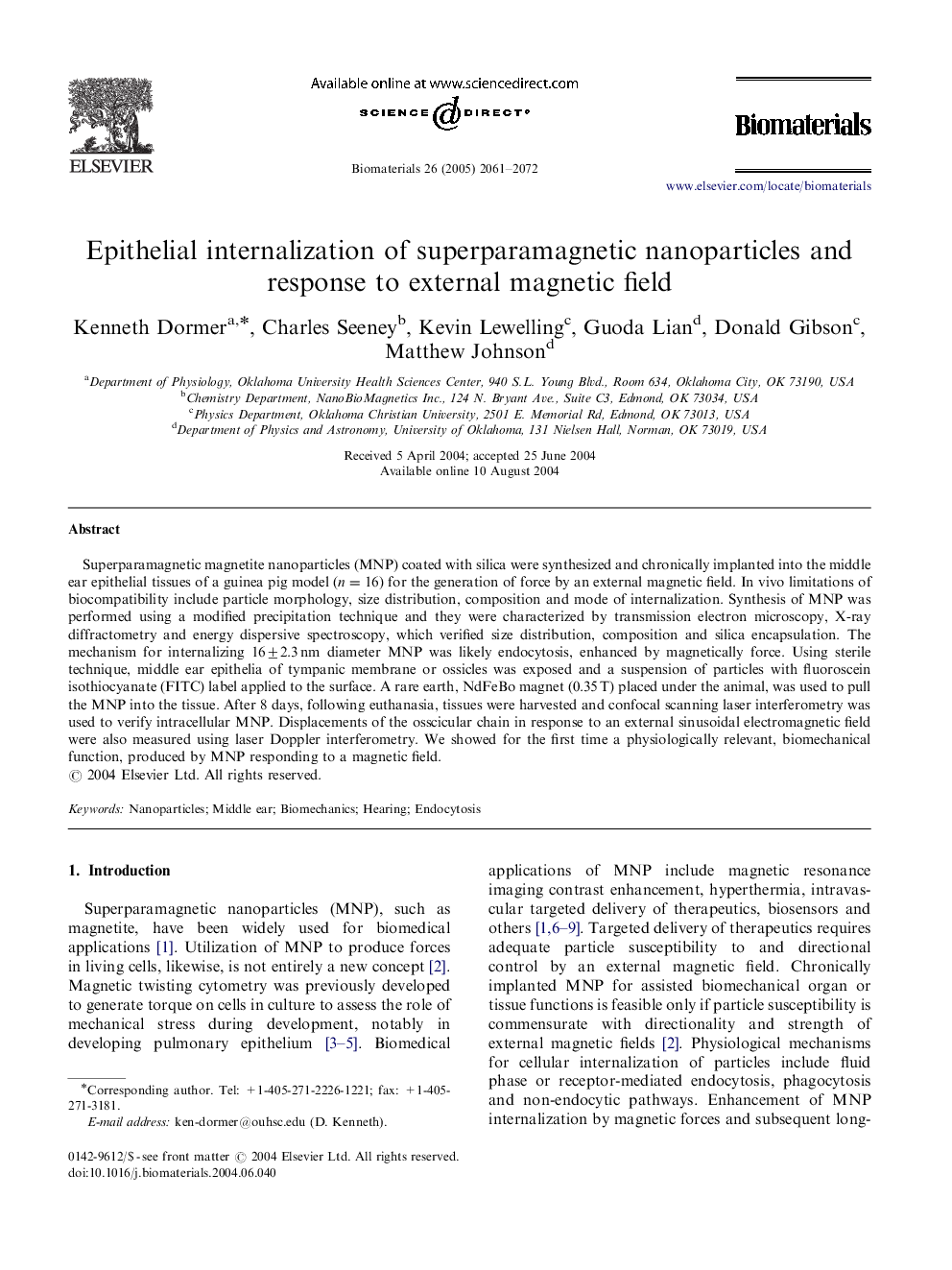 Epithelial internalization of superparamagnetic nanoparticles and response to external magnetic field