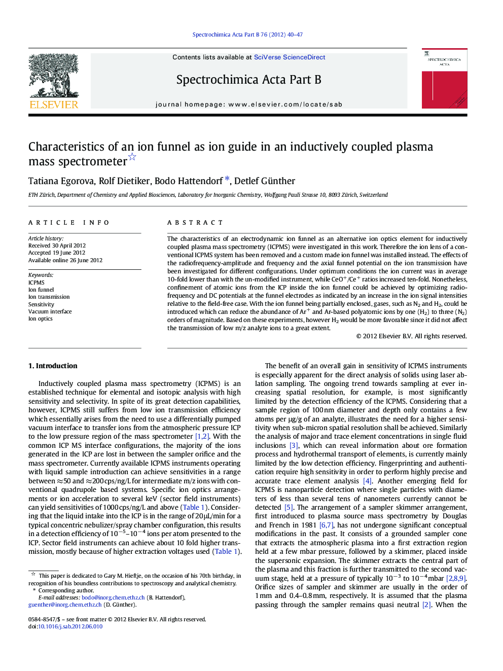 Characteristics of an ion funnel as ion guide in an inductively coupled plasma mass spectrometer 