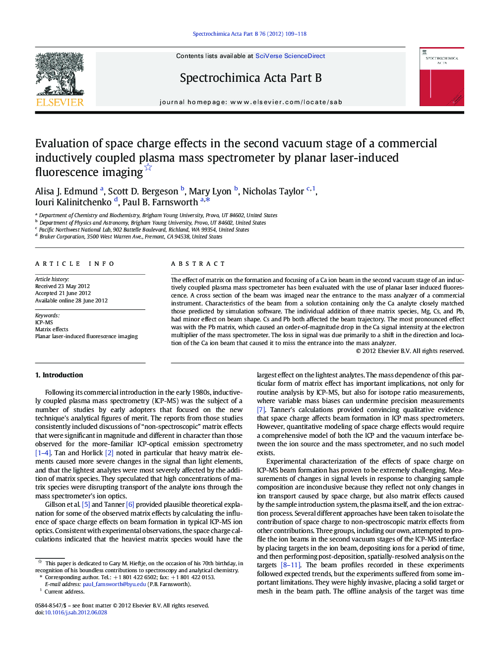 Evaluation of space charge effects in the second vacuum stage of a commercial inductively coupled plasma mass spectrometer by planar laser-induced fluorescence imaging