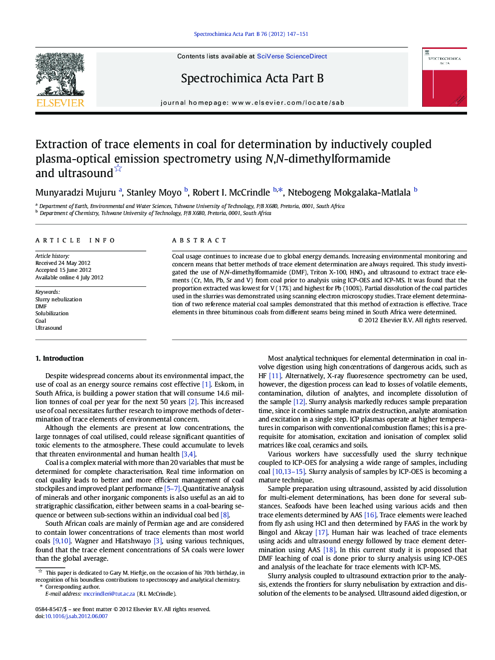 Extraction of trace elements in coal for determination by inductively coupled plasma-optical emission spectrometry using N,N-dimethylformamide and ultrasound 