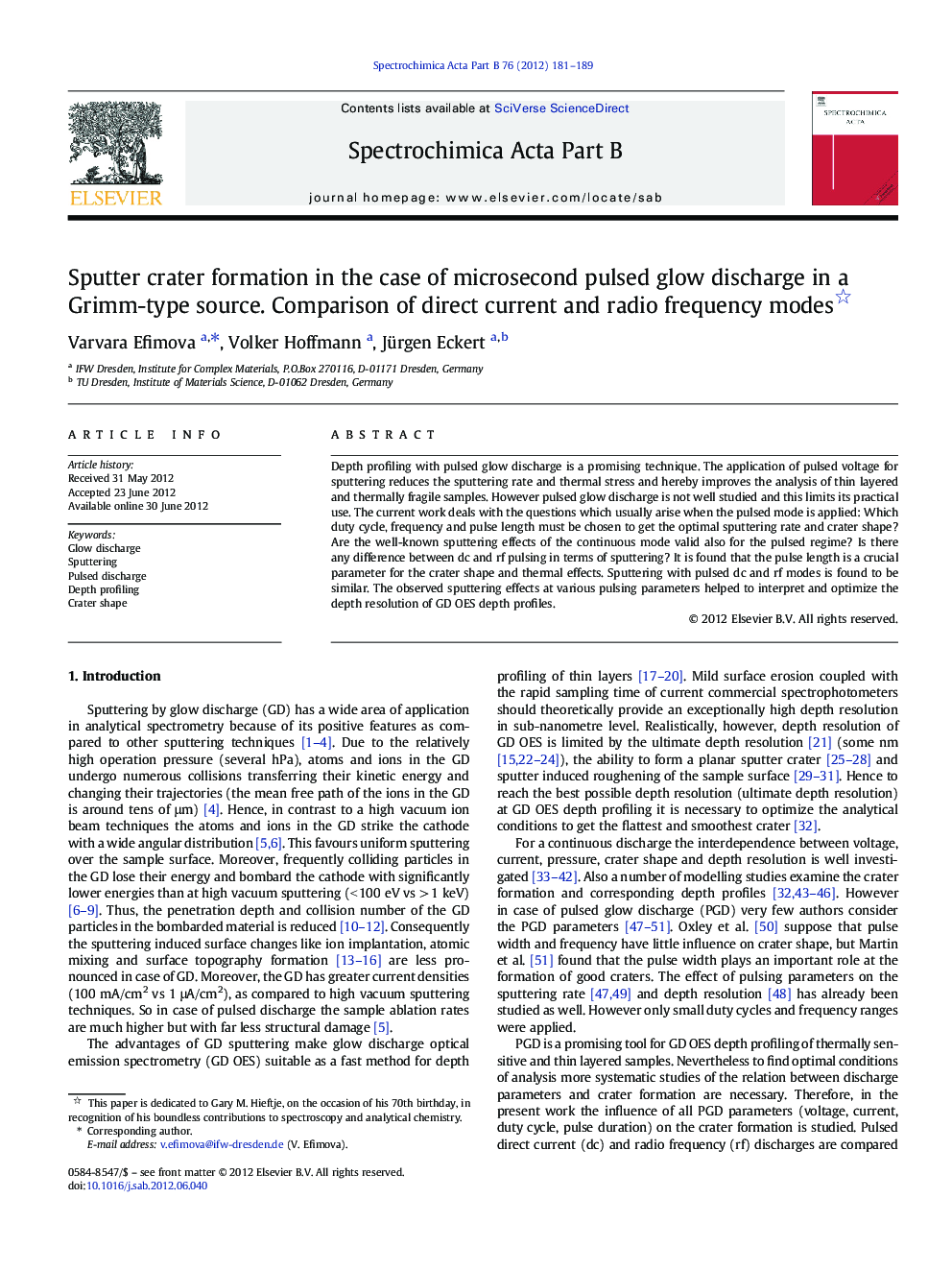 Sputter crater formation in the case of microsecond pulsed glow discharge in a Grimm-type source. Comparison of direct current and radio frequency modes 