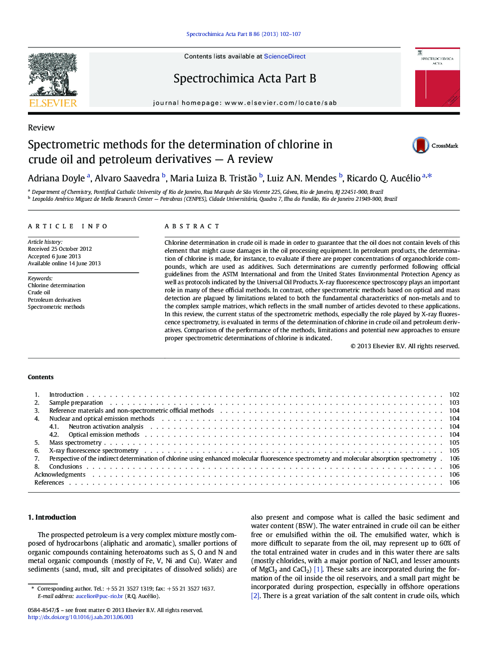 Spectrometric methods for the determination of chlorine in crude oil and petroleum derivatives — A review