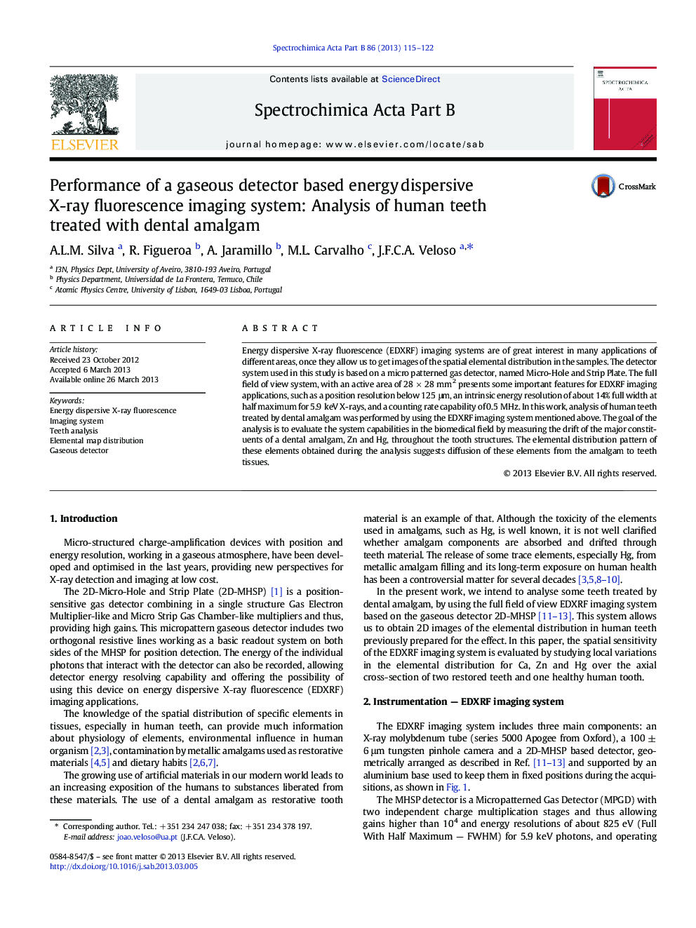 Performance of a gaseous detector based energy dispersive X-ray fluorescence imaging system: Analysis of human teeth treated with dental amalgam