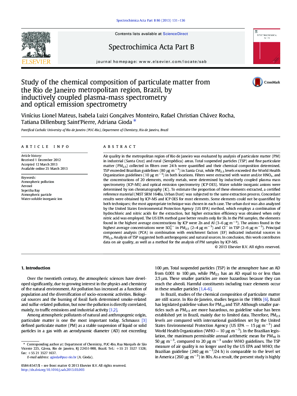 Study of the chemical composition of particulate matter from the Rio de Janeiro metropolitan region, Brazil, by inductively coupled plasma-mass spectrometry and optical emission spectrometry