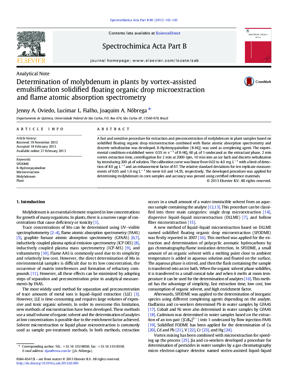 Determination of molybdenum in plants by vortex-assisted emulsification solidified floating organic drop microextraction and flame atomic absorption spectrometry