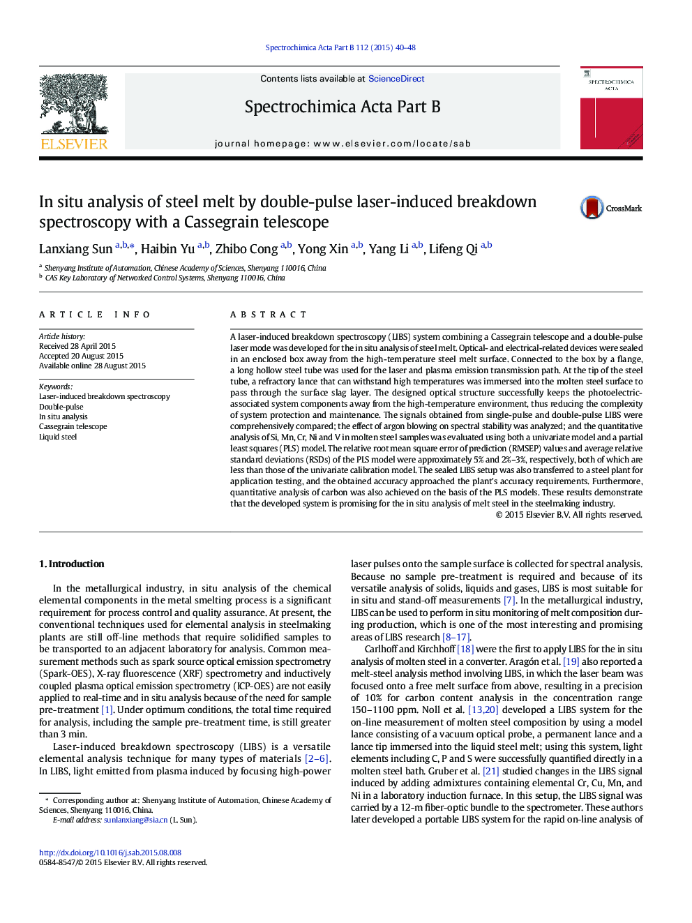 In situ analysis of steel melt by double-pulse laser-induced breakdown spectroscopy with a Cassegrain telescope