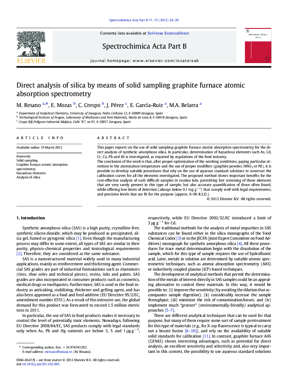 Direct analysis of silica by means of solid sampling graphite furnace atomic absorption spectrometry