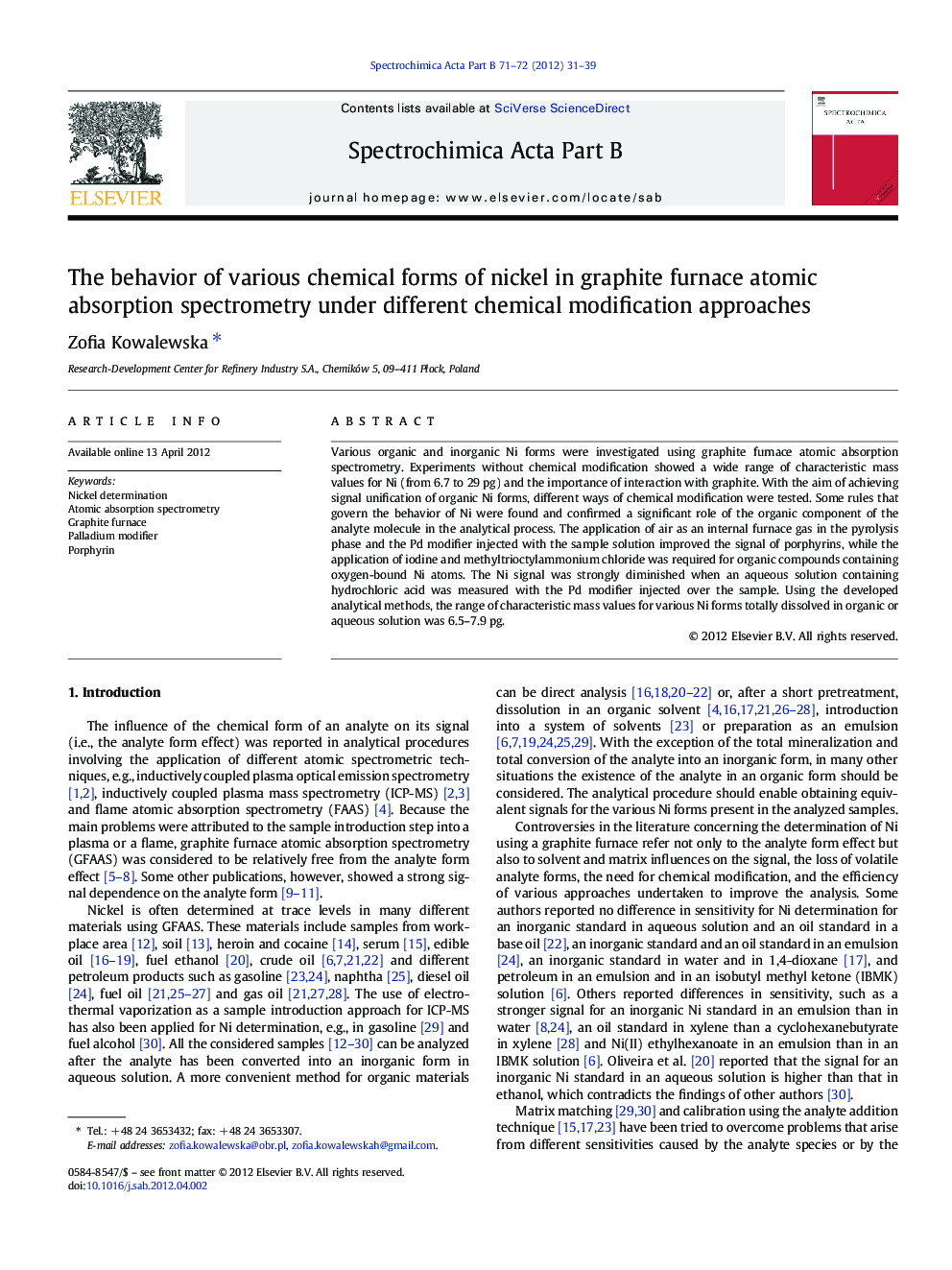 The behavior of various chemical forms of nickel in graphite furnace atomic absorption spectrometry under different chemical modification approaches