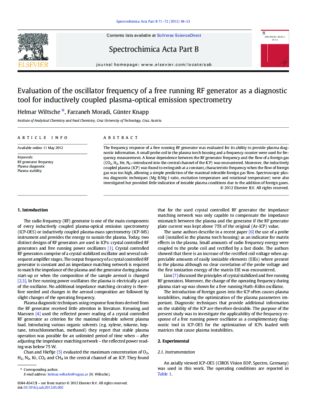 Evaluation of the oscillator frequency of a free running RF generator as a diagnostic tool for inductively coupled plasma-optical emission spectrometry