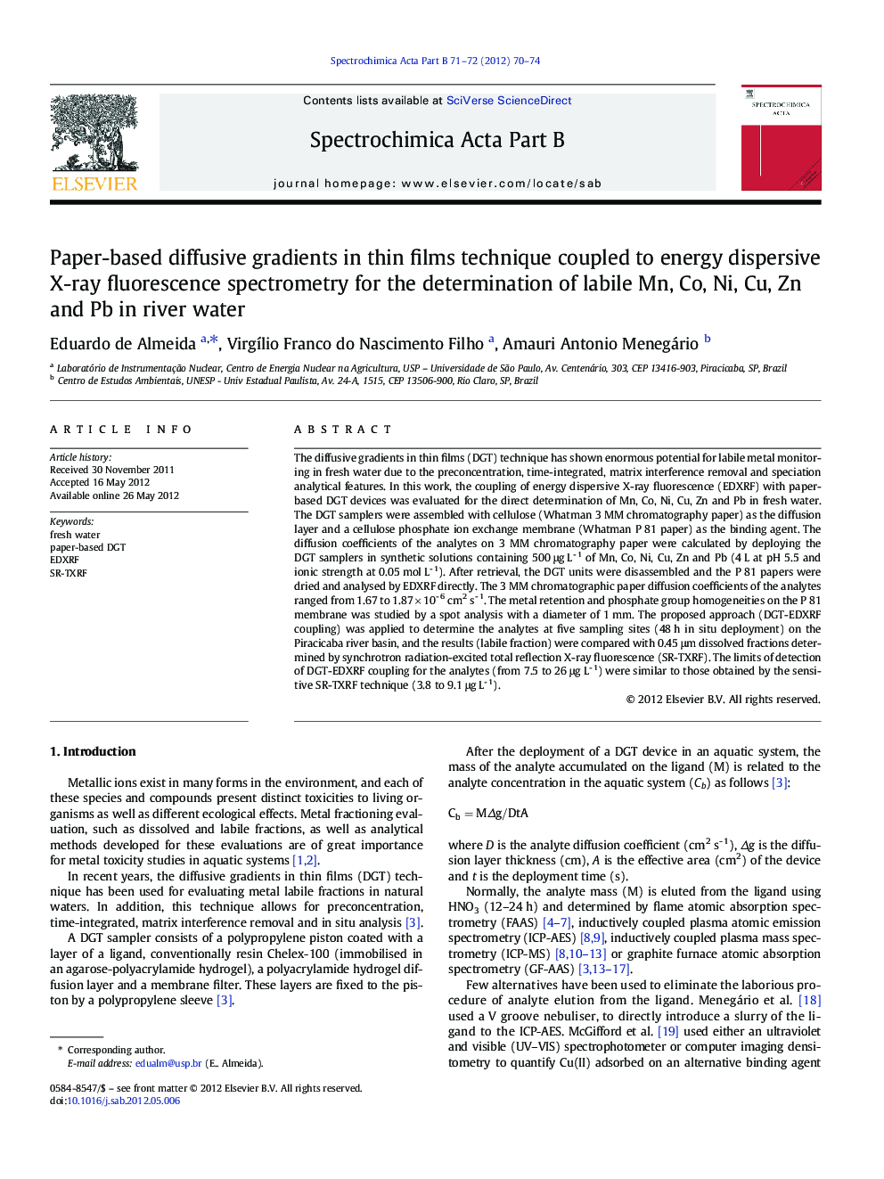 Paper-based diffusive gradients in thin films technique coupled to energy dispersive X-ray fluorescence spectrometry for the determination of labile Mn, Co, Ni, Cu, Zn and Pb in river water