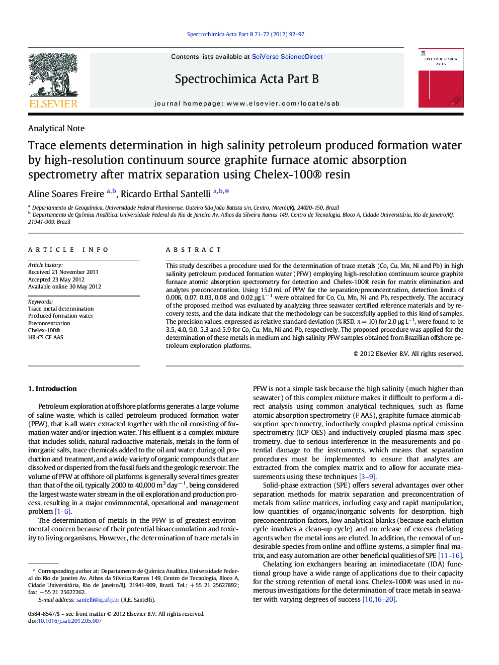 Trace elements determination in high salinity petroleum produced formation water by high-resolution continuum source graphite furnace atomic absorption spectrometry after matrix separation using Chelex-100® resin