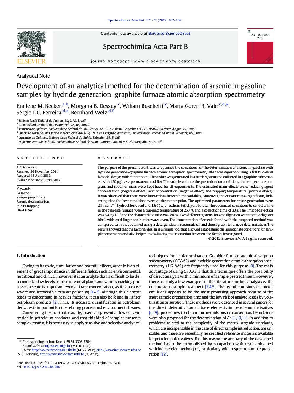 Development of an analytical method for the determination of arsenic in gasoline samples by hydride generation–graphite furnace atomic absorption spectrometry