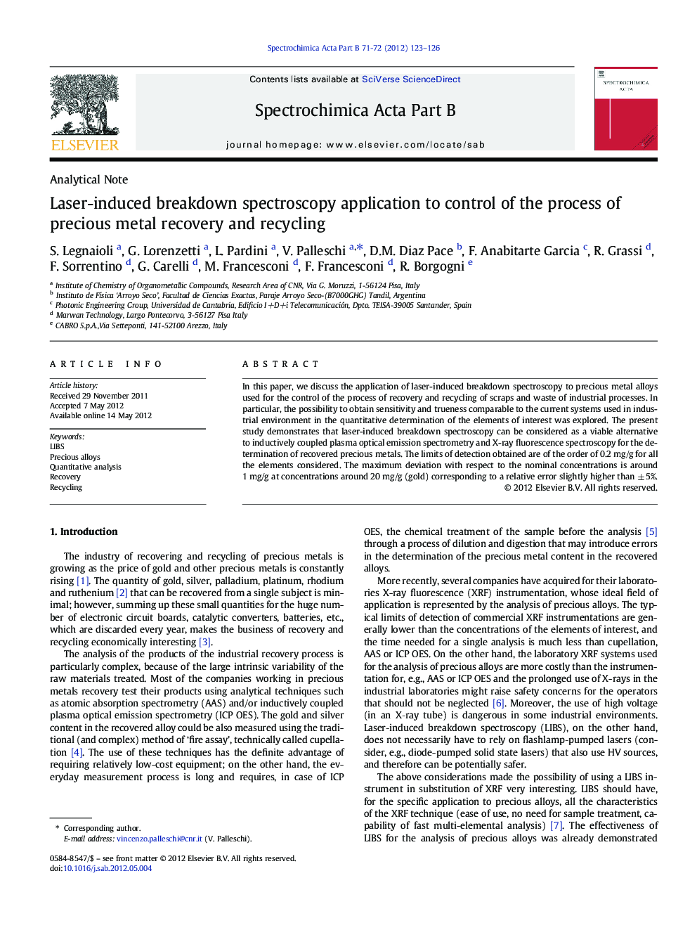 Laser-induced breakdown spectroscopy application to control of the process of precious metal recovery and recycling