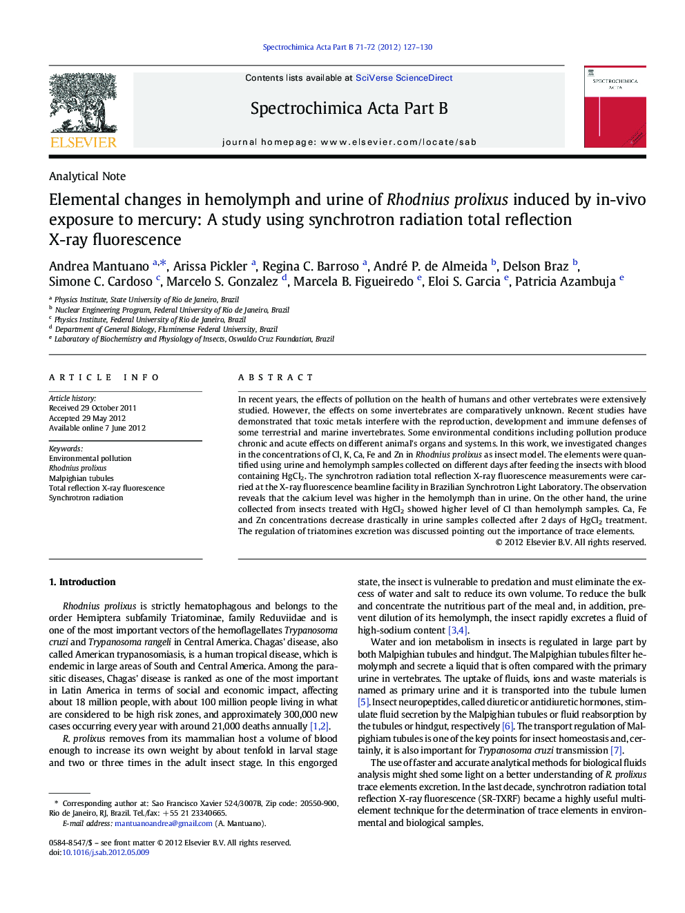 Elemental changes in hemolymph and urine of Rhodnius prolixus induced by in-vivo exposure to mercury: A study using synchrotron radiation total reflection X-ray fluorescence