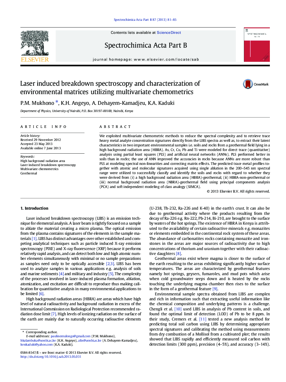 Laser induced breakdown spectroscopy and characterization of environmental matrices utilizing multivariate chemometrics