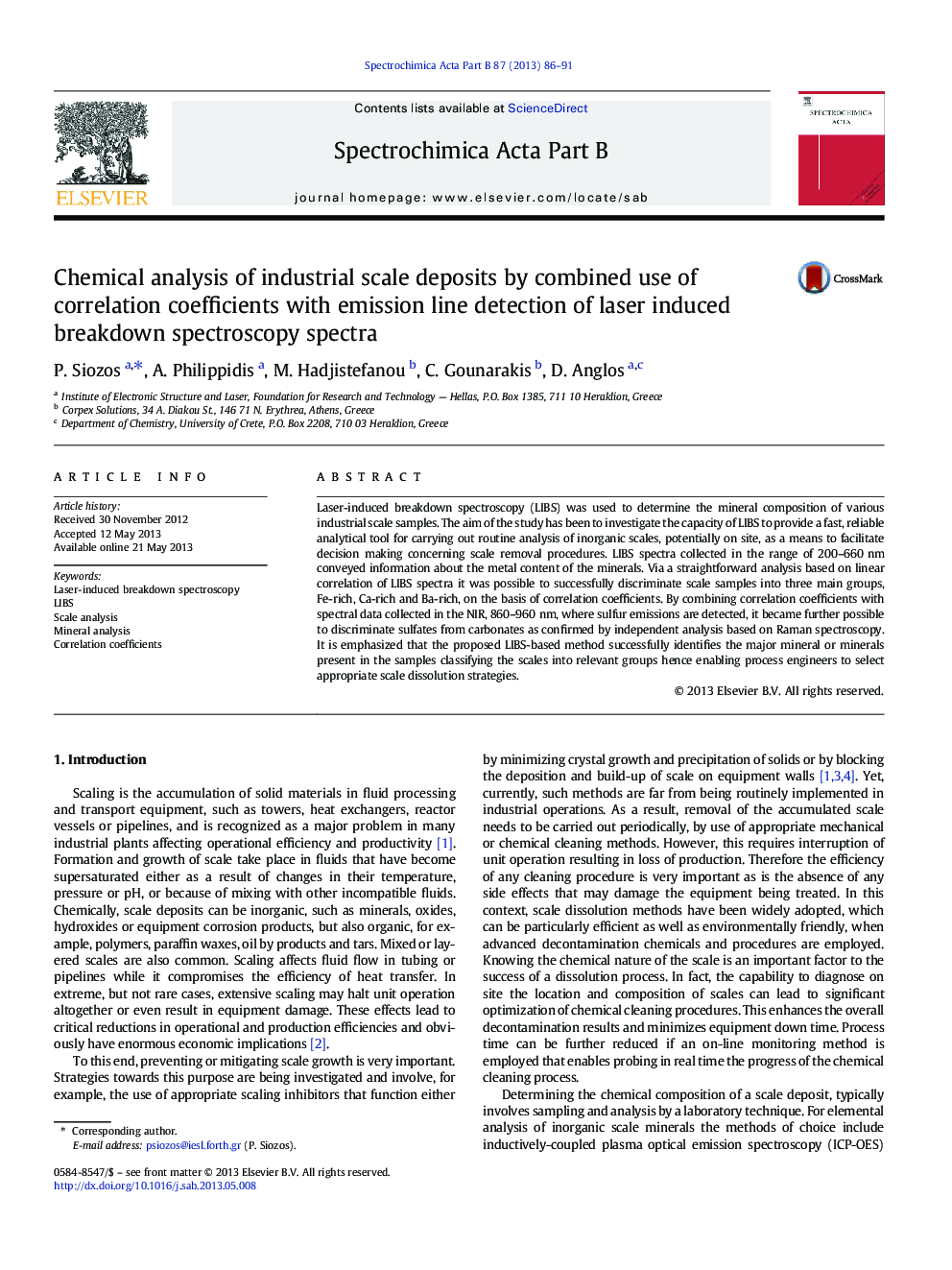 Chemical analysis of industrial scale deposits by combined use of correlation coefficients with emission line detection of laser induced breakdown spectroscopy spectra