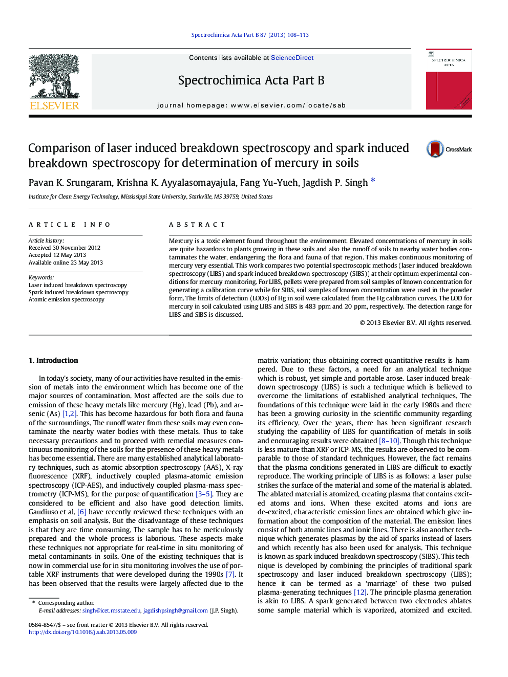 Comparison of laser induced breakdown spectroscopy and spark induced breakdown spectroscopy for determination of mercury in soils