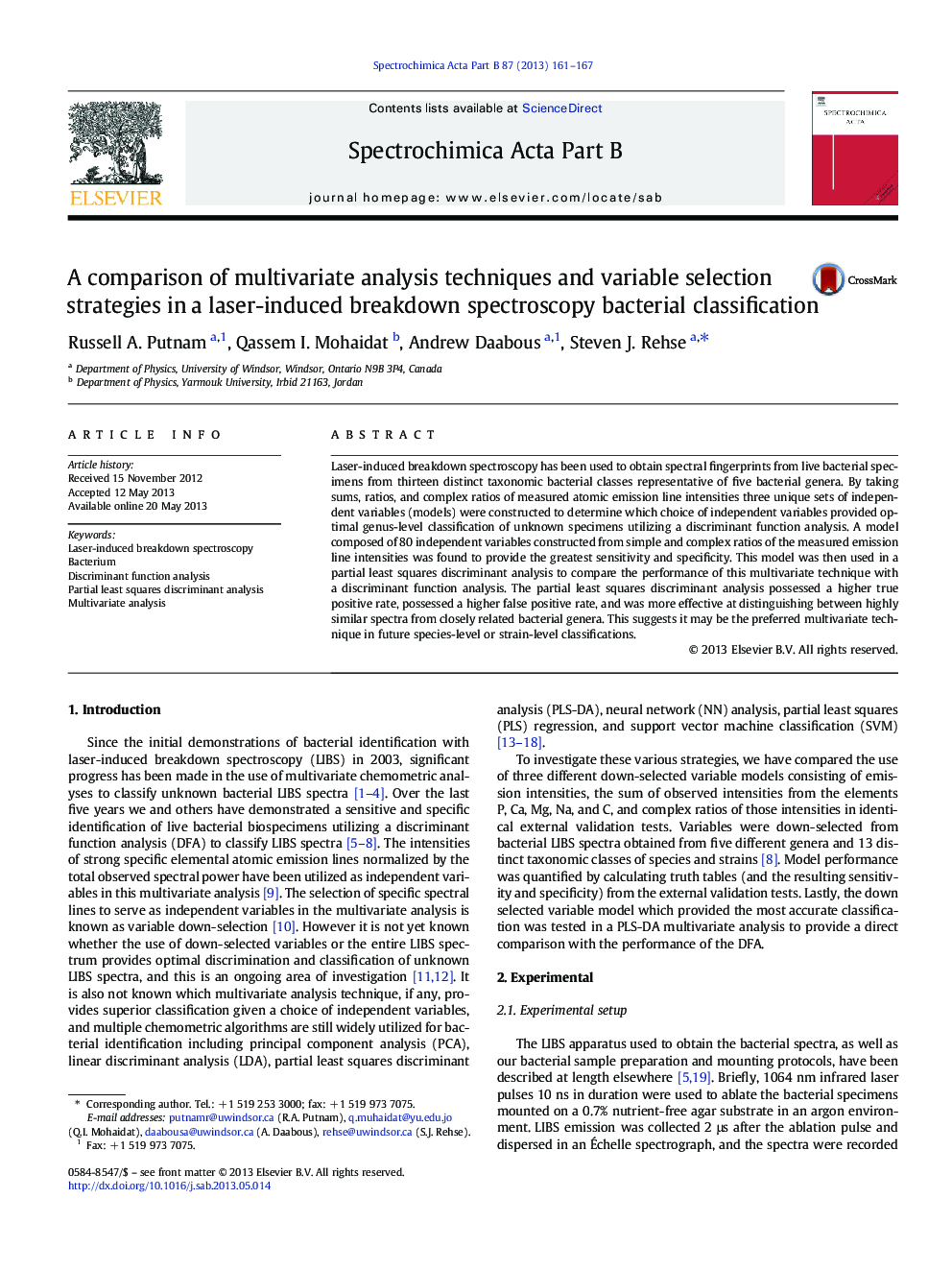A comparison of multivariate analysis techniques and variable selection strategies in a laser-induced breakdown spectroscopy bacterial classification