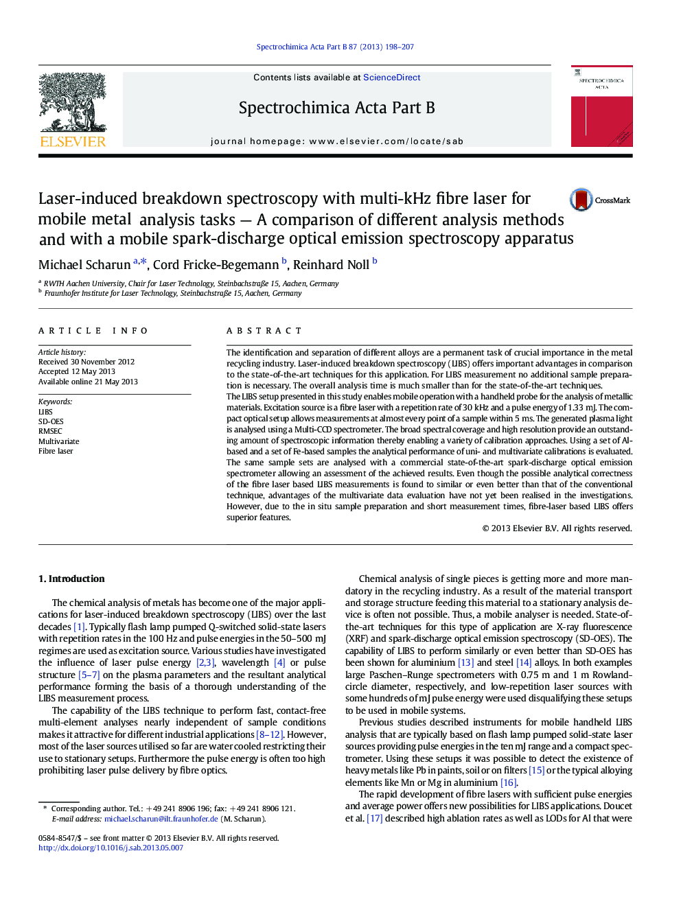 Laser-induced breakdown spectroscopy with multi-kHz fibre laser for mobile metal analysis tasks — A comparison of different analysis methods and with a mobile spark-discharge optical emission spectroscopy apparatus